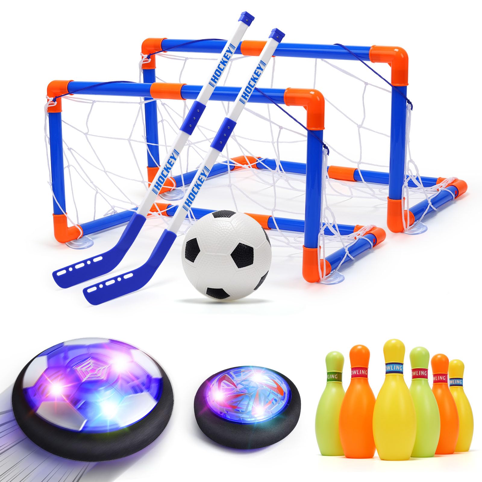 ・【多機能ホバーボールおもちゃ】ホバーホッケー*1、ホバーサッカー*1、エアーサッカー*1、ボウリングピン*6、ゴール*2の豪華セットで、4種類のスポーツを体験することができます。また、ホバーボールが室内向け、エアーボールが室外向け、ワンセットで様々な要望に応え、場所を問わず、アイスホッケー/サッカー運動場に行かなくても、いつでも運動できるようになります。家庭用ホッケー/サッカーおもちゃとして、高いプレイアビリティを実現します。・【ソフトエッジ、安全性アップ&吸盤付き】浮力のあるホバーボールの周りには、全保護ソフトエッジが付いています。衝撃防止デザインで、子供の足、家具を傷つけることがありません。室内スポーツゲームに最適で、人、家具に安全なスポーツおもちゃとなります。また、1個のゴールには吸盤を2個付属していることで、床にしっかり固定できます。吸盤でゴールの安定性を高めているため、思いきりシュートしましょう！・【内蔵式バッテリー&40分使用時間】ホバーボールが内蔵式バッテリーなので、USB充電ケーブルを直接にボール本体に接続することで充電できます。バッテリーを何度も取り付ける必要がなく、バッテリーに直接触れることもないです。便利、安心に使用できます。また、満充電の場合、ホバーサッカーが40分までに利用可能で、思う存分遊べます。・【LEDライト搭載】ホバーボールにもマルチカラーライトが搭載され、夜間でもLEDライトで遊ぶことが可能です。特に親子ゲーム、誕生日/クリスマスパーティーなどの活動で、みんなで一緒に光るボールを追いかけ、独特で、おしゃれな雰囲気が溢れています。・【ボール運動PK戦で盛り上げり！】子供一人の練習ゲームでも、家族、友達との多人PK戦、親子ゲームでも実現できます。ゲームのほか、ホッケー、サッカースポーツ興味を持っている子供に対し、練習ボールとして扱うことができます。子供の運動意欲も刺激します。誕生日パーティー、学園祭、お祭りなど、どこでも、どのような天気でもその場で盛り上げられ、運動不足、ストレス解消に役に立っています。