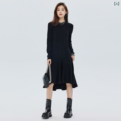 レディース かわいい フロント ショート バック ロング フィッシュ テール ミディアム 丈 スリム 蓮の葉 ラウンドネック インナーウェア ブラック ニット ワンピース 秋冬 レディース レディース かわいい フロント ショート バック ロング フィッシュ テール ミディアム 丈 スリム 蓮の葉 ラウンドネック インナーウェア ブラック ニット ワンピース 秋冬 レディース