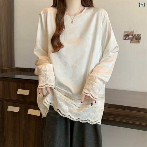 オシャレ ワンピース チャイナ風 アセテート サテン 長袖 Tシャツ レディース 早春 大きいサイズ 太 mm ミディアム 丈 レース スプライシング トップ オシャレ ワンピース チャイナ風 アセテート サテン 長袖 Tシャツ レディース 早春 大きいサイズ 太 mm ミディアム 丈 レース スプライシング トップ