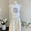 レディース トップス かわいい バイヤーズ ショップの 商品 キャラクター プリントノースリーブ Tシャツ レディース 2025 夏 レトロ スリム ベスト ト...