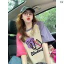 レディース トップス アメリカン プリント 半袖 Tシャツ レディース 2025夏 オーバー サイズ コントラスト ショルダー トップ