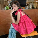レディース トップス かわいい ドーパミン ドラゴンフルーツ カラー チェック 柄 サスペンダー スモール ベスト 女性 夏 フレンチ ベビー シャツ アウターウェア タイ スウィート ホット ガール トップ