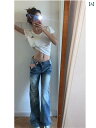 レディース デニム パンツ 背が 高くて 長い レトロ ブルーの フレア ローウエスト ジーンズ。 ゆったりと スリム 春秋 アメリカン ストリート モ ッピン...
