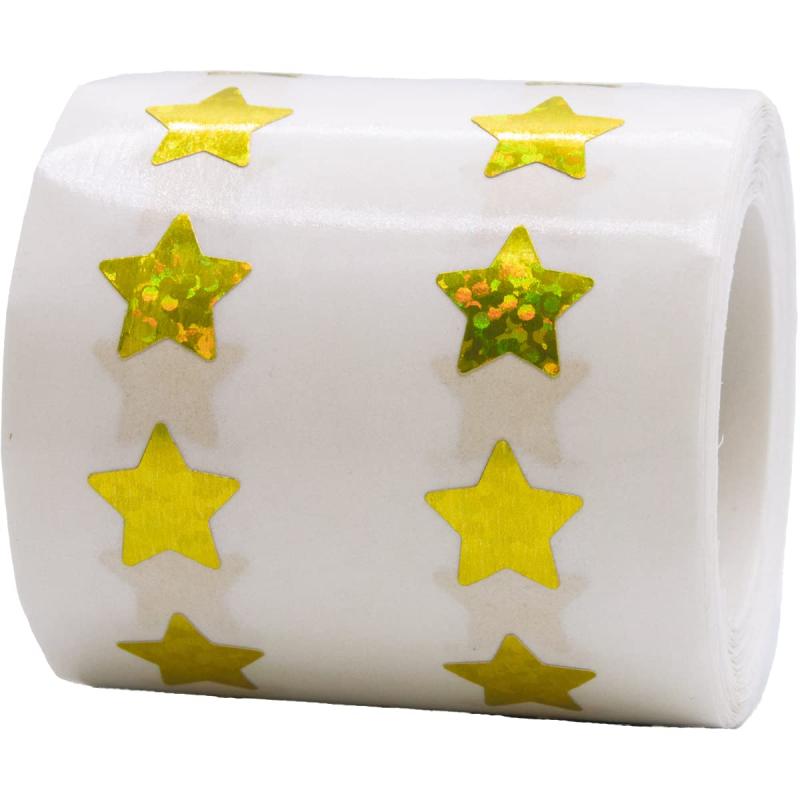 ゴールドスパークルスターステッカー, 13 mm 1/2 インチの光沢のあるホログラフィック ラベル 1000 のパック