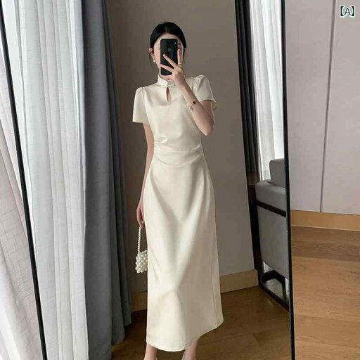 レディース ワンピース かわいい 国歌の チャイナ風 オフ ホワイトの 女性用 ドレス 2025夏の 美しい スリム サテン チャイナ レディース ワンピース かわいい 国歌の チャイナ風 オフ ホワイトの 女性用 ドレス 2025夏の 美しい スリム サテン チャイナ