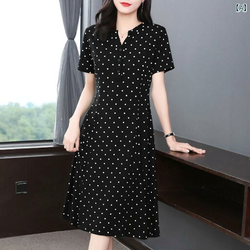 夏の ドットの 半袖 ワンピース ママ カジュアル ゆったり 婦人服 2025 新型で お腹を カバー 黒の ロング スカートで 細さを アピール 夏の ドットの 半袖 ワンピース ママ カジュアル ゆったり 婦人服 2025 新型で お腹を カバー 黒の ロング スカートで 細さを アピール