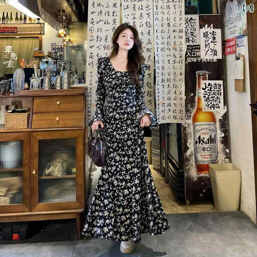 レディース ワンピース かわいい 黒の 花柄 ワンピース 女性 2025 春秋 フレンチスタイル 長袖 レトロ ウエスト スリム ロング スカート レディース ワンピース かわいい 黒の 花柄 ワンピース 女性 2025 春秋 フレンチスタイル 長袖 レトロ ウエスト スリム ロング スカート