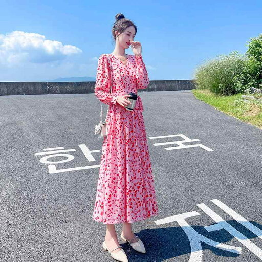 レディース ワンピース かわいい 赤い シフォン ドレスの 女性 2025 春秋 フランスの レトロ 花柄の Vネック 長袖 フェアリー レディース ワンピース かわいい 赤い シフォン ドレスの 女性 2025 春秋 フランスの レトロ 花柄の Vネック 長袖 フェアリー