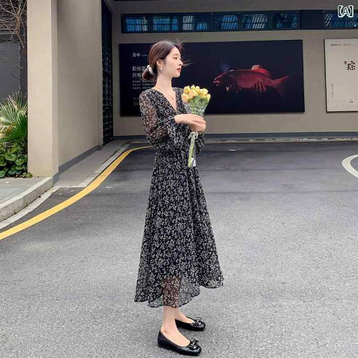 レディース ワンピース かわいい 優しい 黒の 花柄 シフォン ドレス 女性 2025 春 長袖 スーパー フェアリー エレガント スリム スカート レディース ワンピース かわいい 優しい 黒の 花柄 シフォン ドレス 女性 2025 春 長袖 スーパー フェアリー エレガント スリム スカート