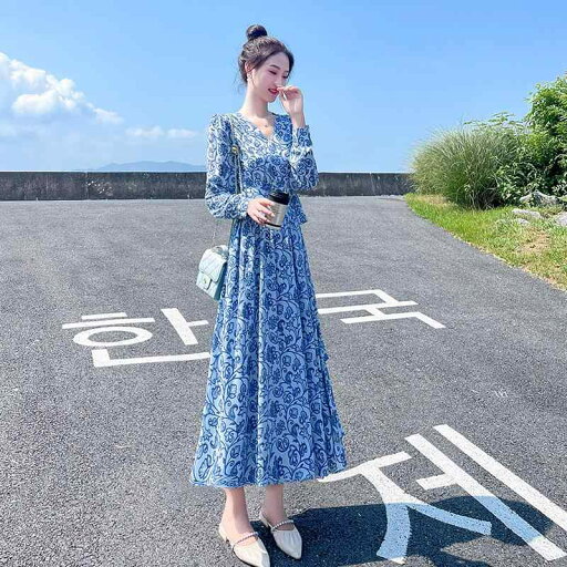 レディース ワンピース かわいい 女性用 花柄 長袖 ワンピース 2025 春秋 フレンチ ロング キキョウ スカート ウエスト スリム シフォン レディース ワンピース かわいい 女性用 花柄 長袖 ワンピース 2025 春秋 フレンチ ロング キキョウ スカート ウエスト スリム シフォン