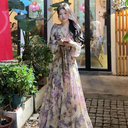 レディース ワンピース かわいい 春に ぴったりの 魅惑的 Vネックの レースアップ パープル フローラル ロングスリーブドレス。 ハイエンドで スリム 優しく エレガントな スリット ロング ドレス。 レディース ワンピース かわいい 春に ぴったりの 魅惑的 Vネックの レースアップ パープル フローラル ロングスリーブドレス。 ハイエンドで スリム 優しく エレガントな スリット ロング ドレス。