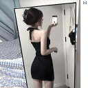 レディース トップス オシャレ 韓国 スカート 元気な 女の子 の 同じ スタイル バックレス ストラップ ホルターネック Vネック ドレス な スリム 黒の ...