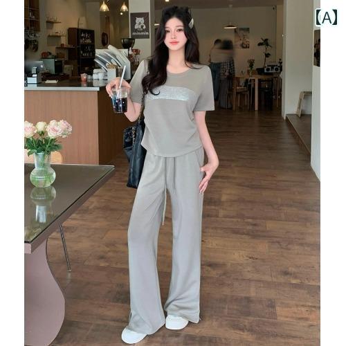 かわいい 春夏 2025夏の 半袖 Tシャツは 肌を カバー し レディース 薄手 ワイド レッグ パンツ 大きいサイズ やや 太め カジュアル スポーツ スーツを 披露 します かわいい 春夏 2025夏の 半袖 Tシャツは 肌を カバー し レディース 薄手 ワイド レッグ パンツ 大きいサイズ やや 太め カジュアル スポーツ スーツを 披露 します