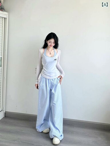 かわいい 春夏 韓国 衣装 一式 女性用 2025夏 ブルー ホルターネック ベスト ホワイト シャツ ワイド レッグ パンツの 3点 セット かわいい 春夏 韓国 衣装 一式 女性用 2025夏 ブルー ホルターネック ベスト ホワイト シャツ ワイド レッグ パンツの 3点 セット