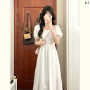 帽子 オシャレ レディース メンズ フレンチ 優しい スクエアネックの 白い ドレスの レディース 夏の 小さい サイズ パフスリーブ スリム ハイウエスト ロ...
