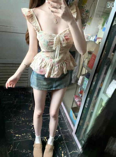 帽子 オシャレ レディース メンズ フランスの レトロ スクエアネック プリント 小さい フライング スリーブ サスペンダー レディース サマー な ユニークな ストラップ フリルブラウス 帽子 オシャレ レディース メンズ フランスの レトロ スクエアネック プリント 小さい フライング スリーブ サスペンダー レディース サマー な ユニークな ストラップ フリルブラウス