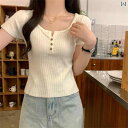 帽子 オシャレ レディース メンズ フレンチ 鎖骨 露出 Tシャツ レディーストップス 夏 スリムフィット ホワイト ニット 半袖 スタイリッシュな スクエアネ...