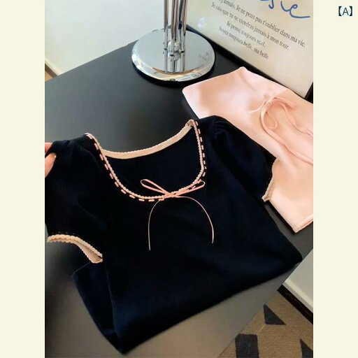 レディース トップス オシャレ 春夏 のの 風 年齢を 減らす トップス 黒 スクエアネック 半袖 リボン ニット Tシャツ レディース 夏 レディース トップス オシャレ 春夏 のの 風 年齢を 減らす トップス 黒 スクエアネック 半袖 リボン ニット Tシャツ レディース 夏