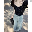 レディース トップス オシャレ 春夏 夏の レディース フレンチスクエア ネックの 花柄 半袖 Tシャツ 甘くて スパイシーな スリムフィット ショート スタイ...