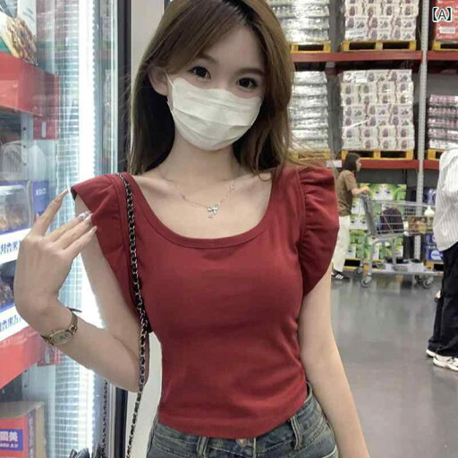 レディース トップス オシャレ 春夏 女性用 レッド 半袖 Tシャツ 2025夏 黒 フレンチスタイル 高級 スクエアネック小 フライング スリーブ ショート トップ レディース トップス オシャレ 春夏 女性用 レッド 半袖 Tシャツ 2025夏 黒 フレンチスタイル 高級 スクエアネック小 フライング スリーブ ショート トップ