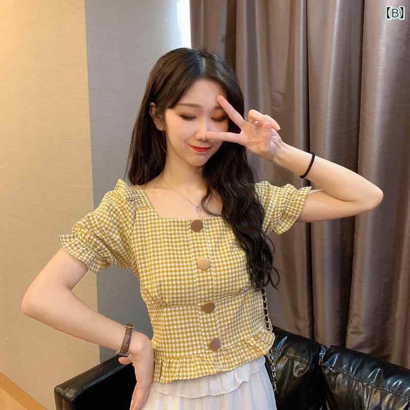 レディース トップス オシャレ 春夏 フレンチ サマー フリル 鎖骨 ウエスト スクエアネック チェック 柄 バブル 半袖 シャツ トップス レディース ショート スタイル
