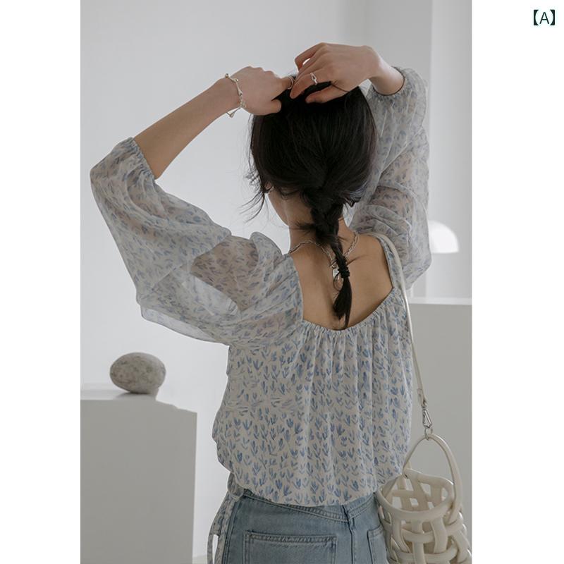 レディース トップス オシャレ 春夏 花柄 シフォンシャツ レディース 夏 薄手 シック スモール シャツ フレンチ レトロ スクエアネック バブル 半袖 トップス 春秋