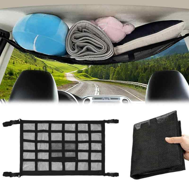 車内天井収納 ネット 2層タイプ ファスナー付き ラゲッジネット 車内収納 荷物落下防止 天井ネット 荷物固定ネット 収納に便利 車用品 便利グッズ ルーフネット バックル固定 調整可能