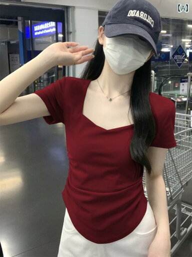 レディース トップス かわいい 春夏 ドーパミン スクエアネック 右 肩 半袖 Tシャツ レディース 夏 ハート ネック スリムフィット 変則 糸 コットン ショート トップ レディース トップス かわいい 春夏 ドーパミン スクエアネック 右 肩 半袖 Tシャツ レディース 夏 ハート ネック スリムフィット 変則 糸 コットン ショート トップ