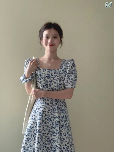 レディース トップス かわいい 春夏 フレンチスクエア ネックの 青い 花柄 ワンピース。 女性用。 ハイエンドな 夏。 スリムフィットで 上品な 雰囲気の ロング レディース トップス かわいい 春夏 フレンチスクエア ネックの 青い 花柄 ワンピース。 女性用。 ハイエンドな 夏。 スリムフィットで 上品な 雰囲気の ロング