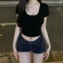 レディース スカート ショートパンツ レトロ ダーク ブルーの 破れた デニムショートパンツ 女性用 2025夏の ホット ガールズ ローウエスト タイトヒップ...