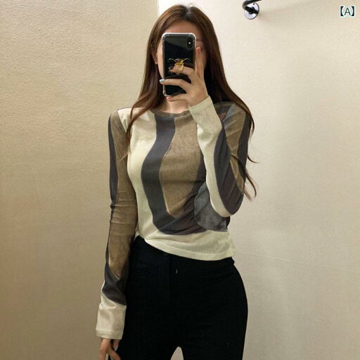レディース トップス 韓国 シック 春の レトロ ラウンドネック タイ ダイ スリムフィット 長袖 レイヤリング シャツ Tシャツ レディース レディース トップス 韓国 シック 春の レトロ ラウンドネック タイ ダイ スリムフィット 長袖 レイヤリング シャツ Tシャツ レディース