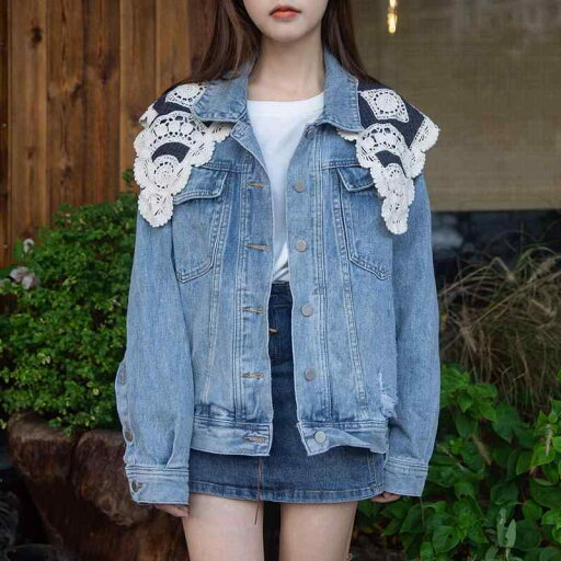 レディース トップス オシャレ 春 デニム フェイク カラー 付き ダーク ブルーの 高級 レースの 小さい ショール 春秋 外側の 装飾 ショルダー 女性用 レディース トップス オシャレ 春 デニム フェイク カラー 付き ダーク ブルーの 高級 レースの 小さい ショール 春秋 外側の 装飾 ショルダー 女性用