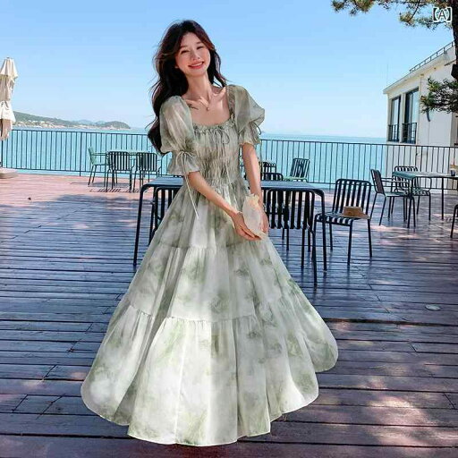 ワンピース ドレス シンプル フランスの 優しい スクエアネックの 花柄 ワンピース 女性 2025夏の 韓国 ウエスト 痩せ プラティ コドン ロング スカート ワンピース ドレス シンプル フランスの 優しい スクエアネックの 花柄 ワンピース 女性 2025夏の 韓国 ウエスト 痩せ プラティ コドン ロング スカート