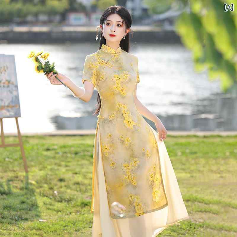 ワンピース 半袖 ロングワンピース 黄色の アオザイ チャイナ ドレス 2024 夏の 若見え ハイエンドの 女の子は 毎日 さわやかに 着る ことが できます(4)