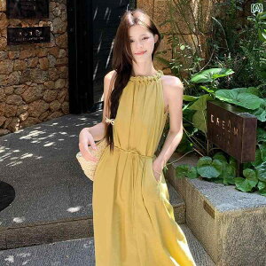 ワンピース ロング マキシ丈 黄色の ホルターネック サスペンダー ドレス レディース 夏の ドーパミン 美しい 明るい 北江 観光 海辺の 休暇 コットンと リネンの ロング