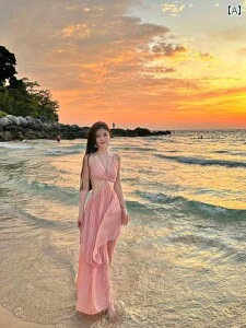 ワンピース ロング マキシ丈 海南 省三 亜の 海辺の 休日の ビーチ ドレス 雲南省の 旅行 写真の フェアリーの フランスの 背中が 開いた ホルター