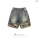 迷彩 カモ柄 パンツ アメリカン レトロ ダメージ 加工の ロー エッジ ステッチ 迷彩 デニムショートパンツ。 メンズ 2025夏 ストリート ショート パン...
