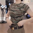 迷彩 カモ柄 パンツ 綿 迷彩 アーミーグリーン ラウンドネック 半袖 Tシャツ レディース 2025夏 スリムフィット トップス