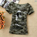 迷彩 カモ柄 パンツ 夏の新 スタイル スリム 迷彩 服 綿 吸汗性 ラウンドネック Tシャツ レディース 大きいサイズ 底 シャツ 軍事 訓練