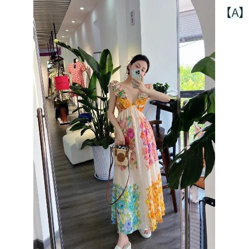 ワンピース ロング マキシ丈 フランスの レトロ 油絵の バラの プリントの 深い V バックレスの 休日の ドレス 海辺の 写真 撮影の 服 ビーチ 女性 ワンピース ロング マキシ丈 フランスの レトロ 油絵の バラの プリントの 深い V バックレスの 休日の ドレス 海辺の 写真 撮影の 服 ビーチ 女性