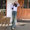 デニム ワイドデニム ワイドパンツ ジーンズ 春の レディース レトロ マイクロフレア パンツ ダメージ 加工 アメリカン 湯たんぽ ミッドロー ウエスト スリ...
