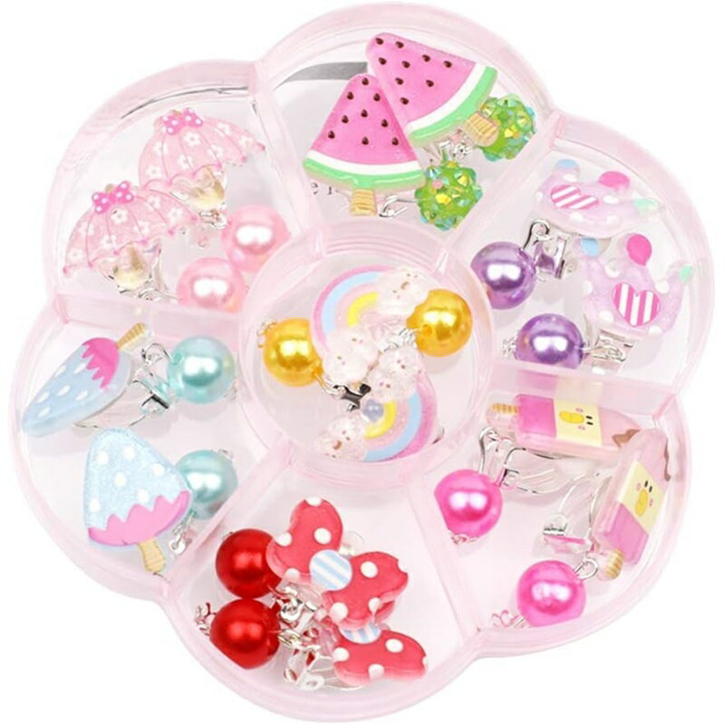 女児用 イヤリング 7種類セット クリップ式 痛くない 可愛いカラフルモチーフ 花柄ケース付 誕生日やプ..