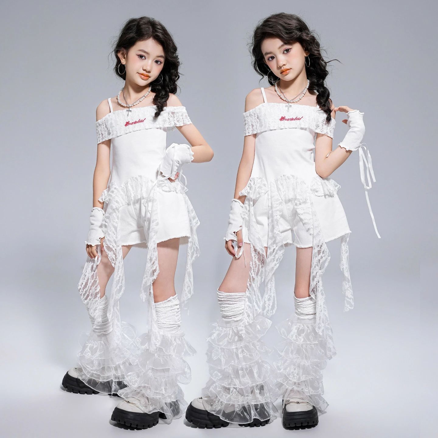 女の子 ジャズダンス衣装 トップス パンツ 上下セット フリル レース 不規則な裾 キッズダンス服 ステージ衣装 脚カバー セットアップ かっこいい show jazz ヒップホップ舞台演出服 キッズ jazz ダンス衣裳 団体服 発表会 チアリーディング 110-180cm キラキラ 白