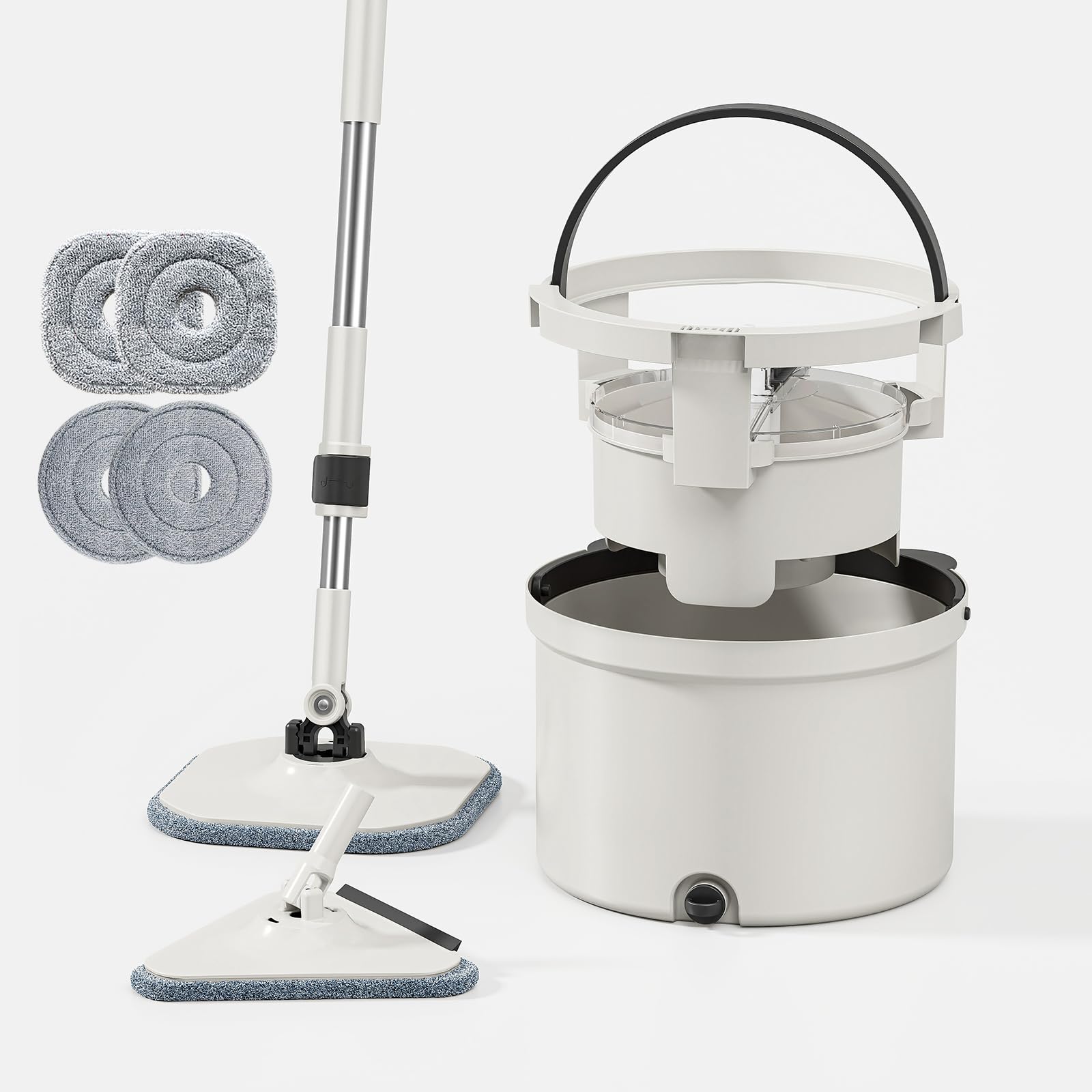 回転モップ 汚水分離式モップ 水拭き/乾拭き対応 節水設計 スクイージー付き三角ヘッド付き 掃除 軽量 床に優しい 長さ調節 二層式 洗浄