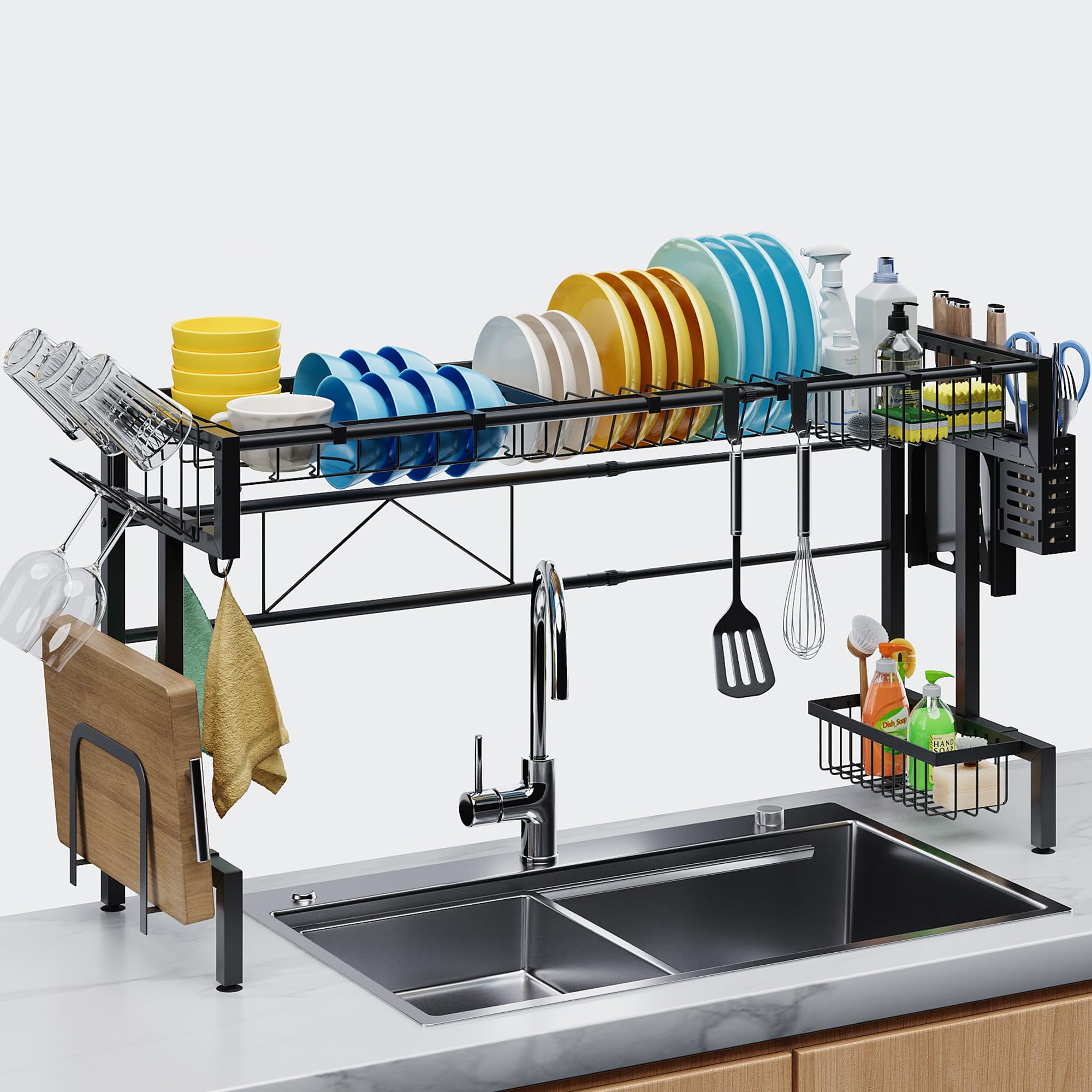 Rakuten - 【耐用無限大、換える気なし】水切りラック シンク上 56～86cm 伸縮式 耐荷重36KG 炭素鋼 錆びない 自動排水 多機能 包丁?まな板スタン