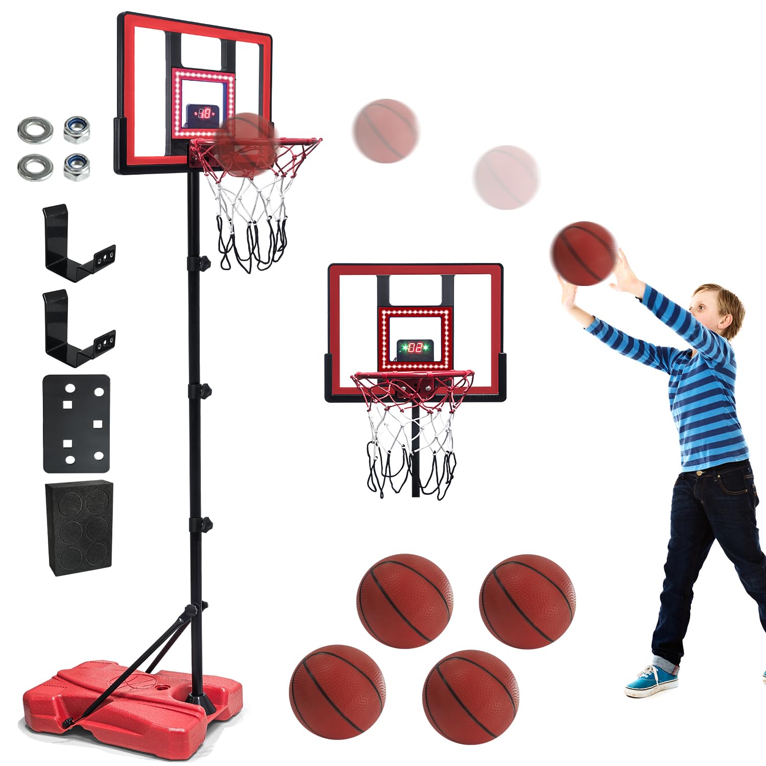 Rakuten - バスケットゴール 2 自立＆ドア掛け 室内 屋外 子供 おもちゃ バスケットボール 自動採点 効果音 ボール4個付き ミニバスケット