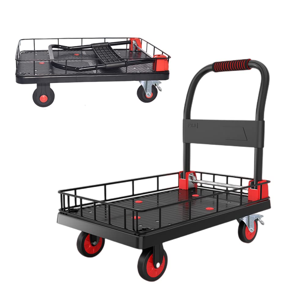 Rakuten - バスケット台車 折りたたみ式 カゴ付き ストッパー付き 4inキャスター 耐荷重200kg 積載面72×48cm 手押し台車 メッシュ運搬用 ワゴン