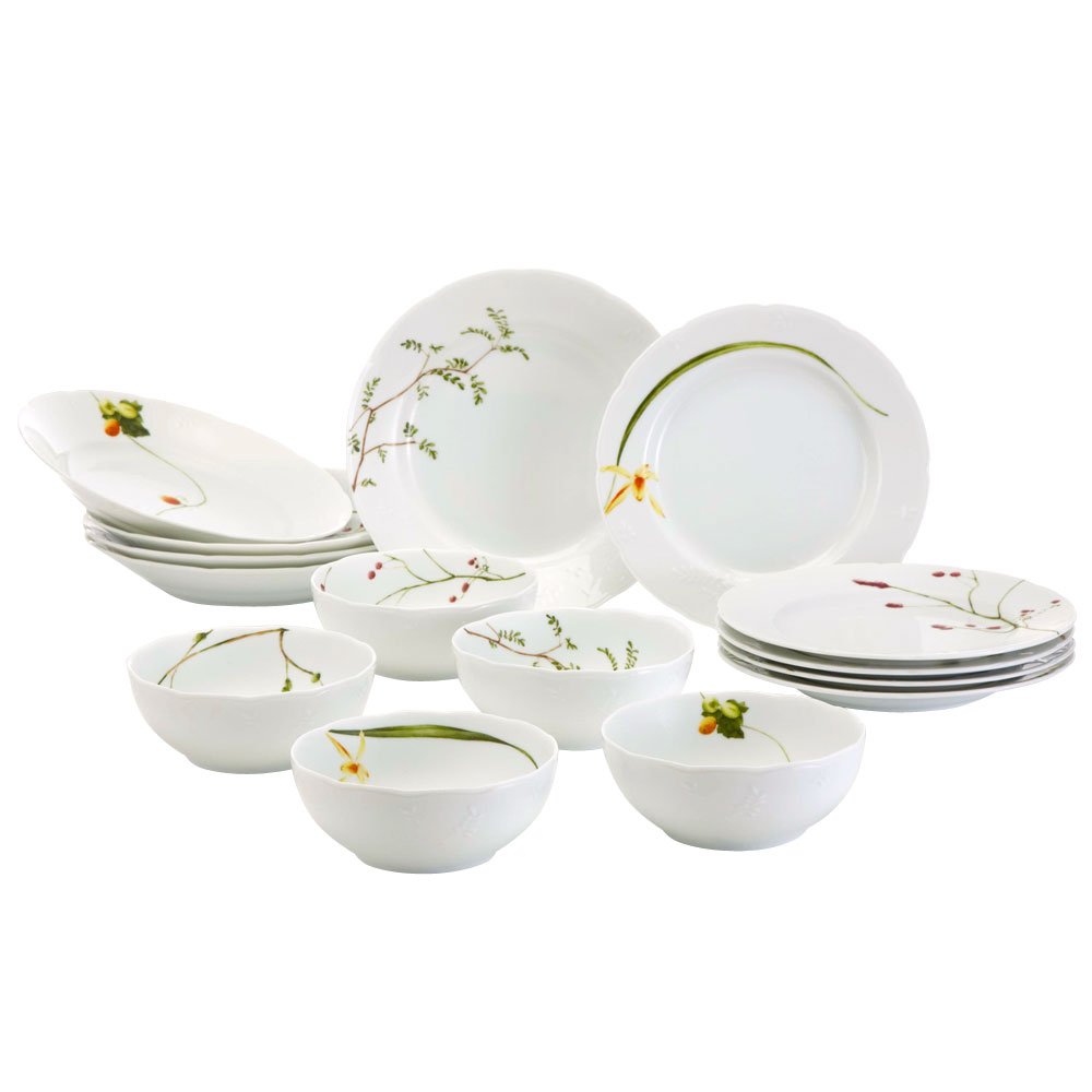 Rakuten - 食器セット 里花暦(さとはなごよみ) グリーン 花柄 5柄セット かわいい 5人用 15ピース入り 電子レンジ温め対応 日本製