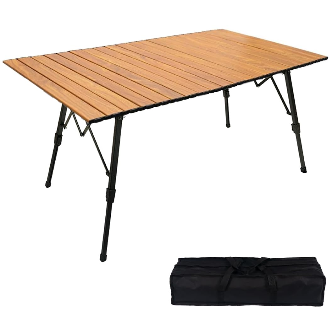 Rakuten - アウトドアテーブル キャンプテーブル 120×70 折りたたみ ロールテーブル 軽量 アルミ製 ウッド調 木目 ブラウン 耐熱 安定