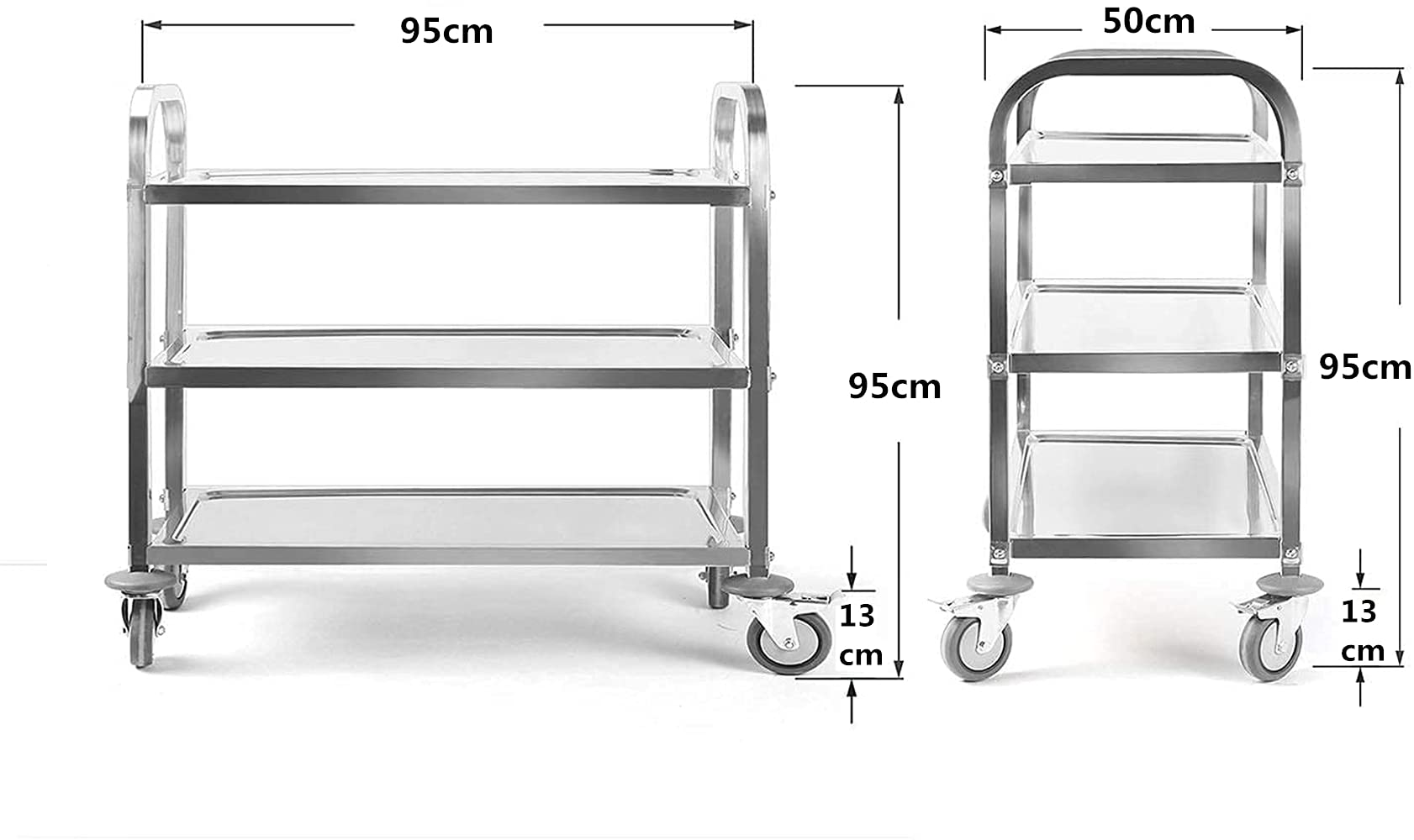 配膳ワゴン 95×95×50cm 150kg ステンレスキッチンカート キャスター ブレーキ付き ...